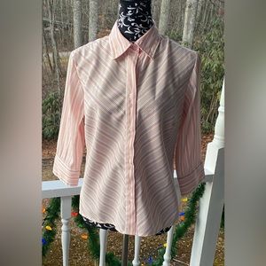 DCC MISSY Women’s Easycare Stretch Button Up Railroad Stripe Pleated Blouse Med.